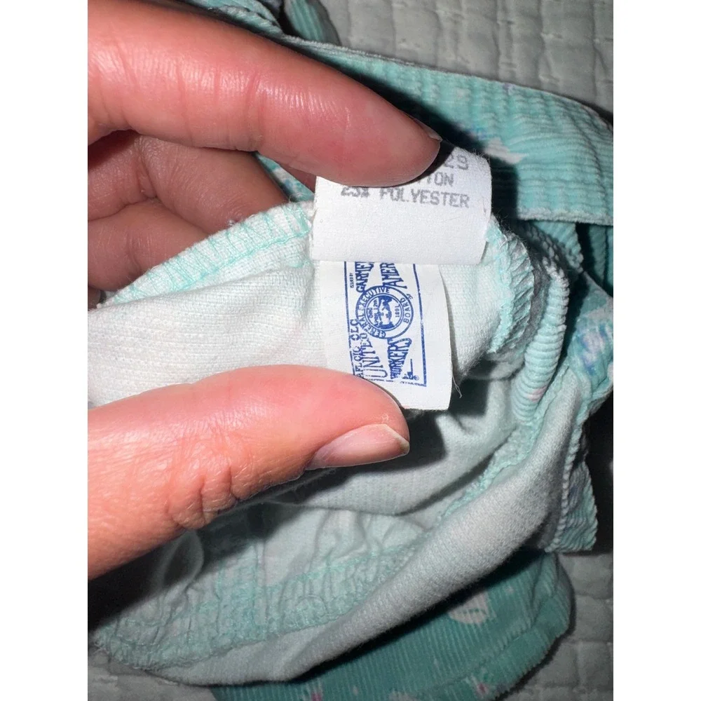 Vtg 90s OshKosh Toddler Girls 3T Corduroy Overalls Teal Cat Print USA FLAW